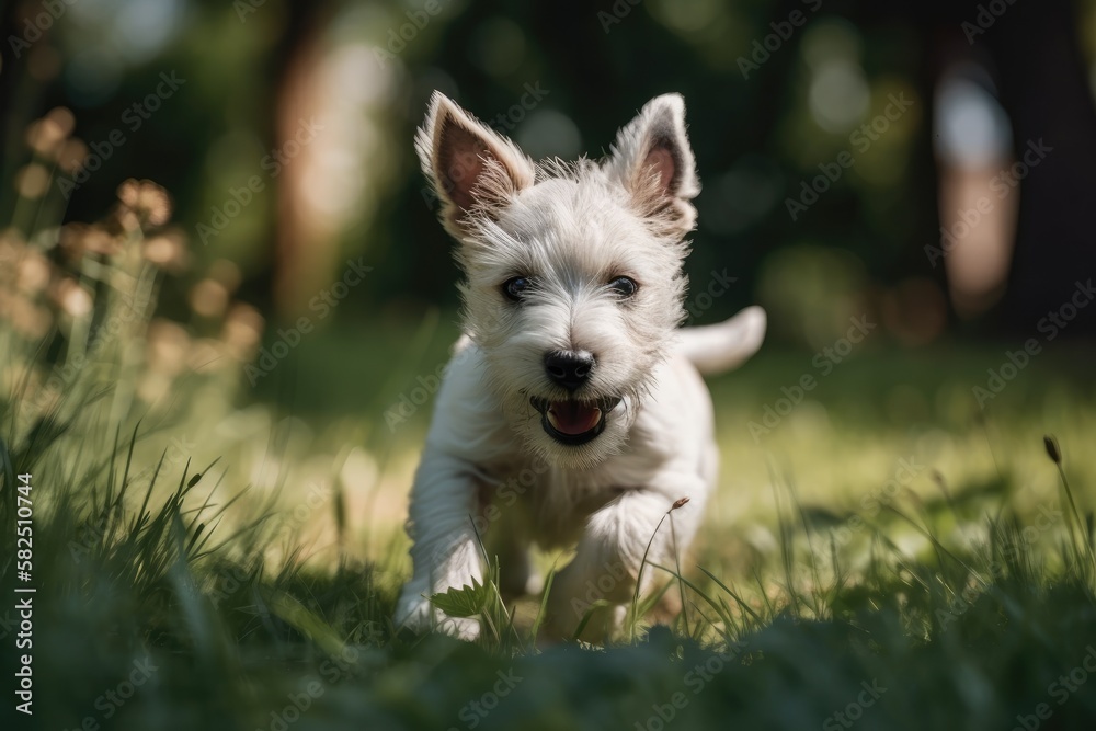 A tiny puppy is running about on the grass. 2019 Vienna. Generative AI