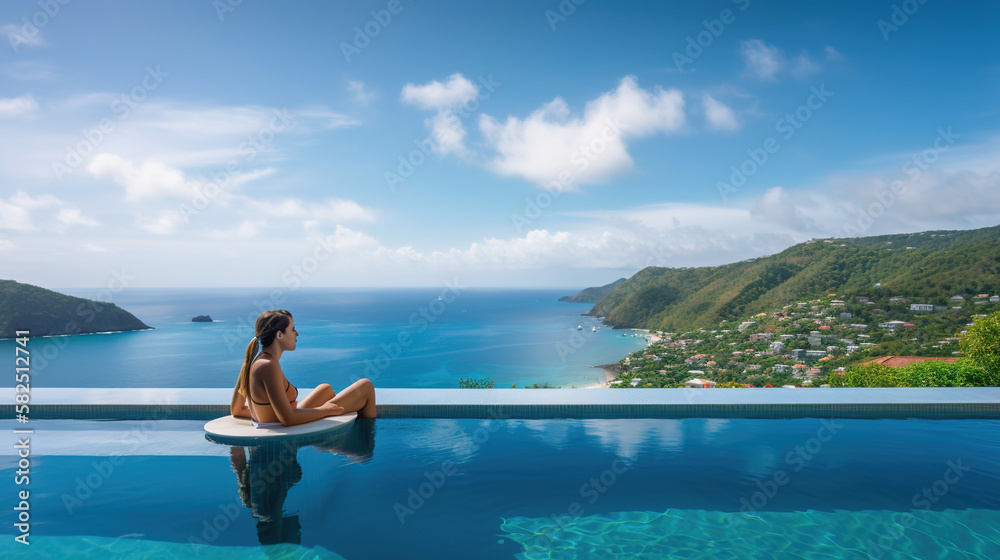 Woman in a swimming pool of a luxury hotel, with the sea in the background. generate by ai