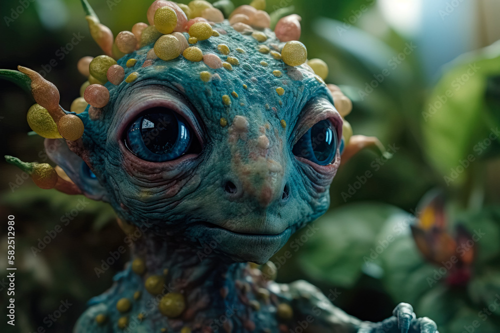 Obraz premium 3D AI Illustration: Creepy-Cute Monster, Alien Sorcerer, Forest Background. Perfect for Halloween & Valentine's Day Projects. Sci-Fi Horror, Fish, Bats & Books of Spells.