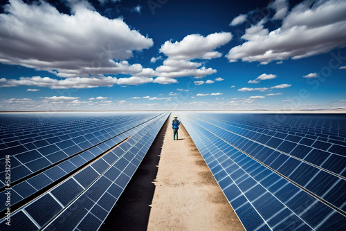 Man working in a solar farm. Extension of solar panels, renewable energy. generate by ai