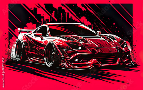 Iconic red sports car speeding through the city. AI generated illustration.