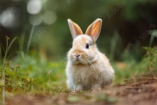 Adorable small rabbit in the springtime on the green grass with a bokeh background. Young, cute bunny having fun in the garden. Lovely pets in the park. Generative AI