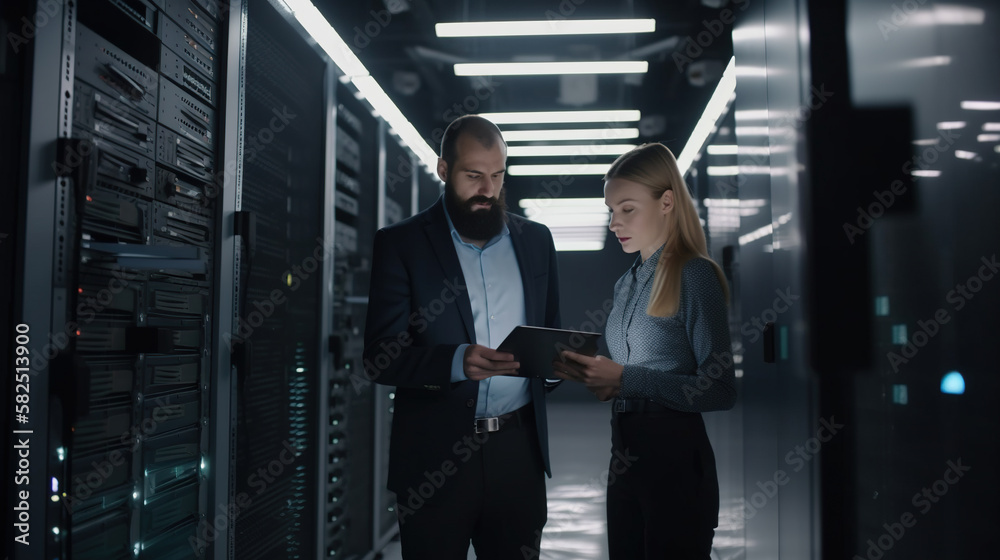 Fototapeta premium Two people in a data center looking at a tablet. Generative AI