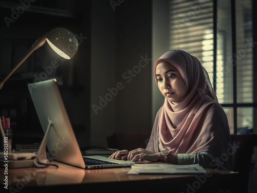 A Malay woman sits at a desk check online orders at home. Generative AI