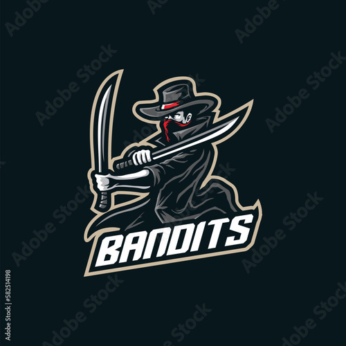 Vektor desain logo maskot bandit dengan gaya konsep ilustrasi modern untuk pencetakan lencana, lambang dan kaos. Ilustrasi bandit dengan pedang di tangan