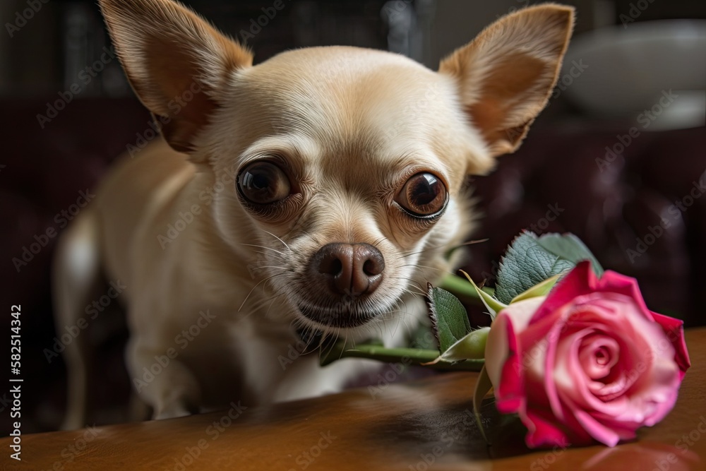 Chihuahua with a pink rose. Generative AI Chihuahua with a pink rose. Generative AI