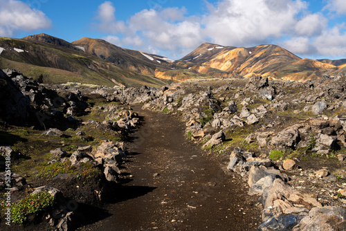 Laugavegur hiking trail in Iceland. Colorful rhyolite mountains at Landmannalaugar