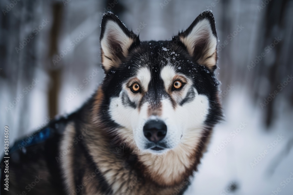 Full length portrait of a handsome half breed with black hair. Doggy is adorable. Alaskan Husky sled dog portrait in winter outside in snow. Generative AI