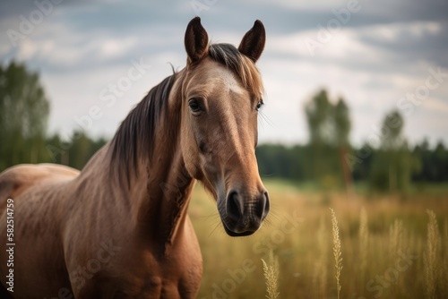 A purebred horse in a rural, Russian pasture with other animals. Generative AI © AkuAku