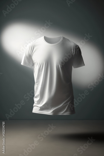 T-shirt mockup. White male blank t-shirt levitates on minimalistic background. AI generative illustration.
