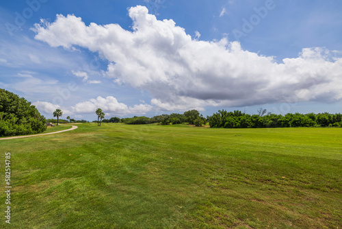 Beautiful view of green grass golf field on background blue sky with white clouds. Aruba.