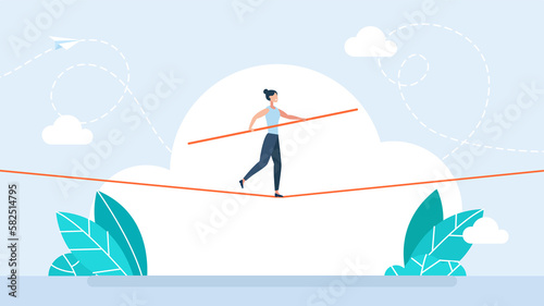 Business risk and professional strategy concept. Businesswoman walks over gap as tightrope walker. Manage Business risk. Woman walking tightrope. Funambulist. Balance-master. Flat illustration