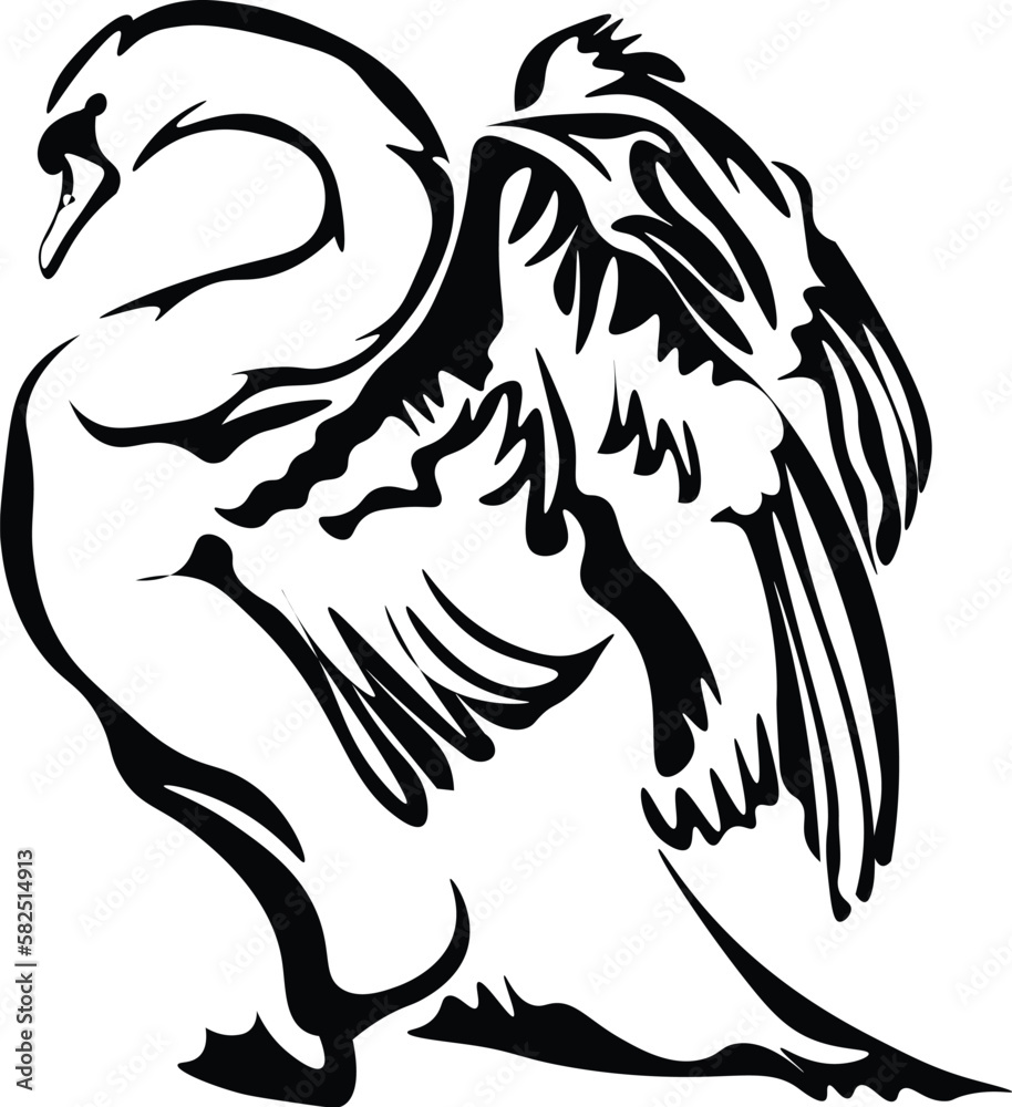 Fototapeta premium Black and White Cartoon Illustration Vector of a Swan Bird Stretching Wings