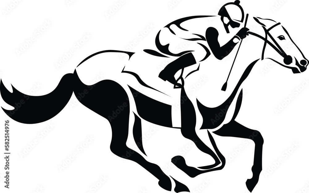 Black and White Cartoon Illustration Vector of a Racing Horse Running with Jockey Black and White Cartoon Illustration Vector of a Racing Horse Running with Jockey