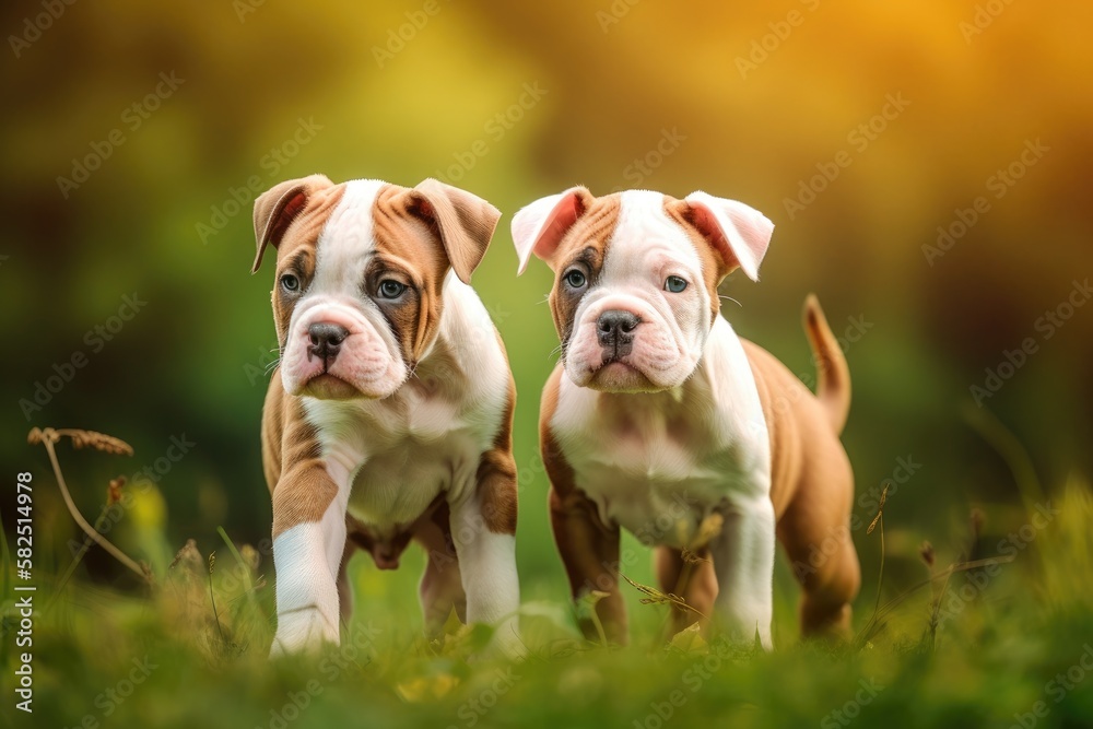 puppies American bulldog in the green. Generative AI puppies American bulldog in the green. Generative AI
