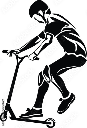 Black and White Cartoon Illustration Vector of a Scooter Trick Stunt