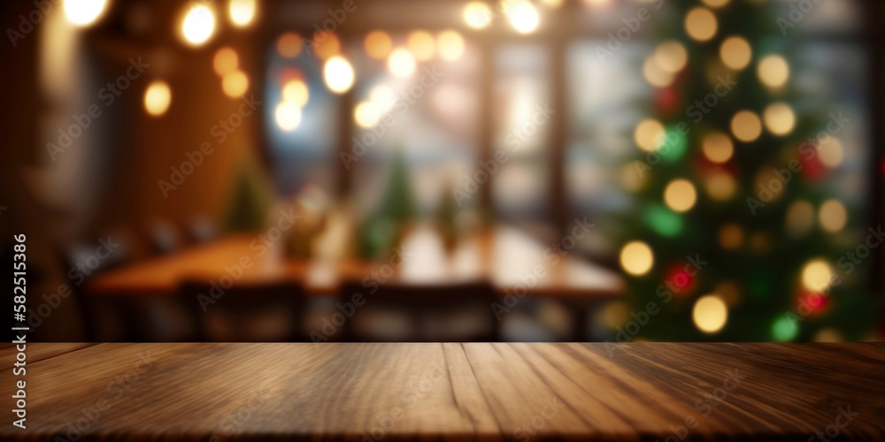 A wooden table topped with christmas tree and christmas lights. Winter festive background. Generative AI