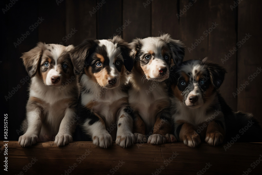Obraz premium 4 Australian Shepherd Puppies, Created with generative AI