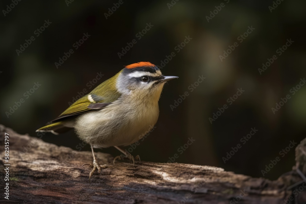 Typical firecrest (Regulus ignicapillus). Republic of Ceh. Firecrest seated on a piece of wood. Bird in its natural environment. wildlife scene in the wild. Generative AI Typical firecrest (Regulus ignicapillus). Republic of Ceh. Firecrest seated on a piece of wood. Bird in its natural environment. wildlife scene in the wild. Generative AI