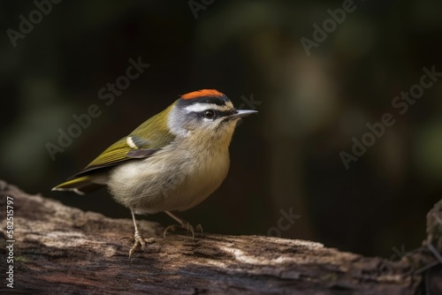 Typical firecrest (Regulus ignicapillus). Republic of Ceh. Firecrest seated on a piece of wood. Bird in its natural environment. wildlife scene in the wild. Generative AI