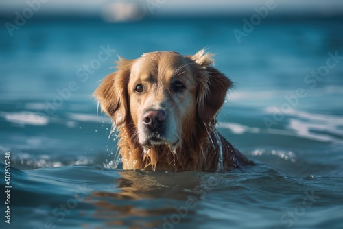 Golden Retriever dog swimming in blue water. Generative AI