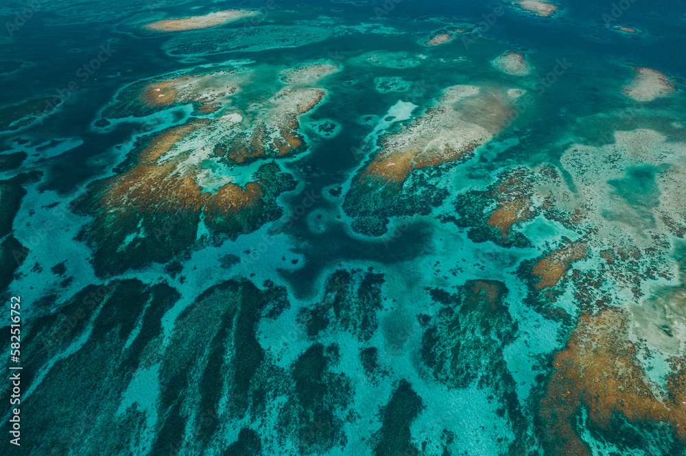 Fototapeta premium Aerial photos of the Silk Cayes in the Gladden Spit and Silk Cayes Marine Reserve located in the southern waters of Belize.