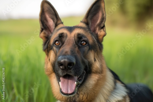 Portrait of a German shepherd dog against a background of grass. Generative AI