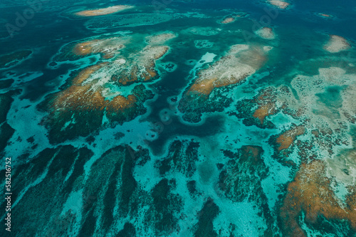 Aerial photos of the Silk Cayes in the Gladden Spit and Silk Cayes Marine Reserve located in the southern waters of Belize. © JC Cuellar