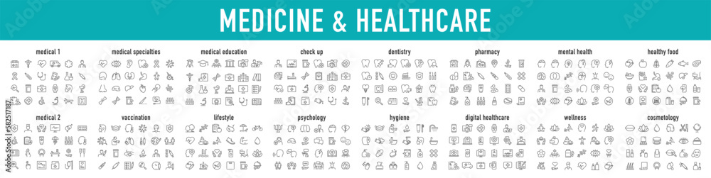 Set of 400 Medical and Healthcare web icons in line style. Medicine, check up, doctor, dentistry, pharmacy, lab, scientific discovery, collection. Vector illustration. - obrazy, fototapety, plakaty 