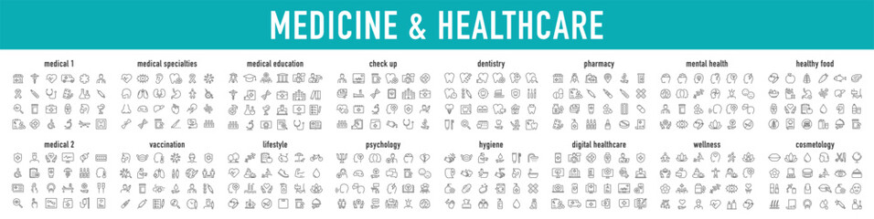 Set of 400 Medical and Healthcare web icons in line style. Medicine, check up, doctor, dentistry, pharmacy, lab, scientific discovery, collection. Vector illustration.