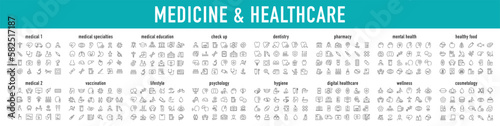 Leinwand Poster Set of 400 Medical and Healthcare web icons in line style