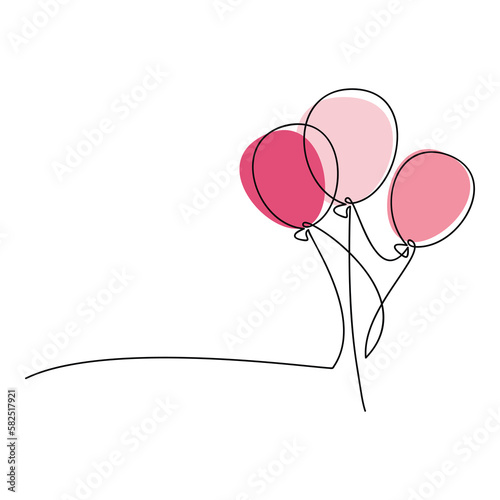 Pink air balloons vector one line continuous drawing illustration. Hand drawn linear silhouette icon. Minimal design greeting card, graphic print, banner, poster, invitation.
