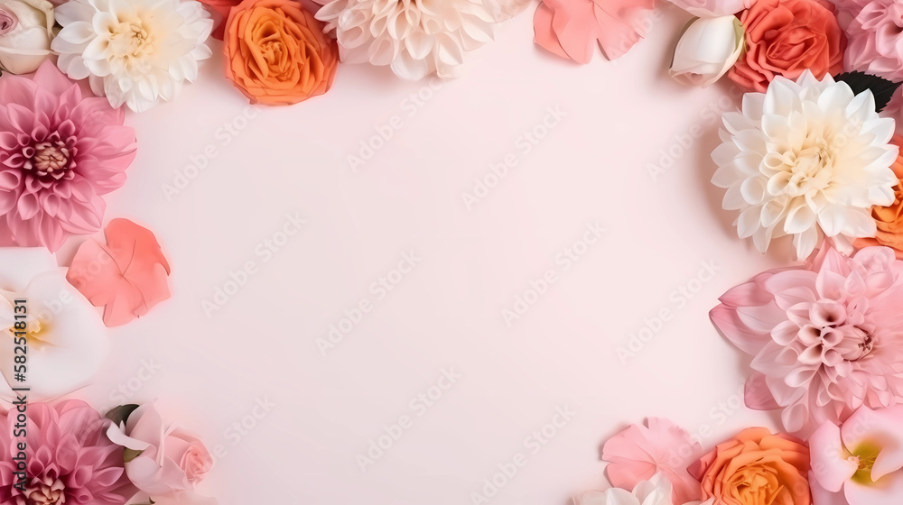 frame of flowers on a pink background. top view with copy space. Generative AI