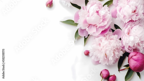 frame of peonies on a white background. top view with copy space. Generative AI