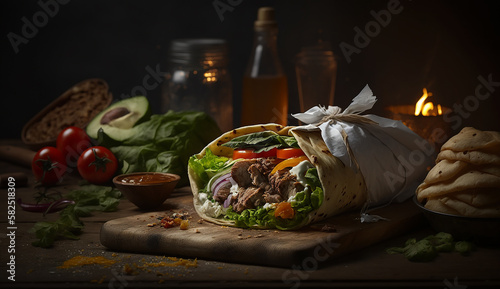 Mouth-watering doner kebab with chicken in the interior, Generative AI