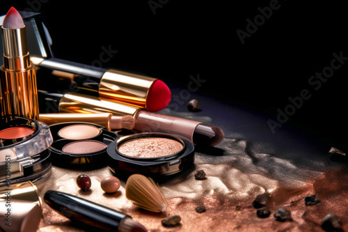 cosmetic product make up brushes kit with smashed lipstick eyeshadow, background, generative ai