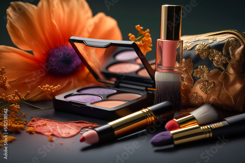 background with professional make-up products. Beauty industry accessories background,. AI generative image.
