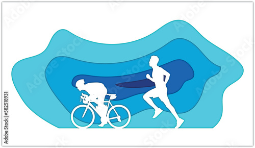 people cycling running silhouette papercut effect eps 10