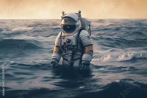 An astronaut landing at the ocean, generative ai.