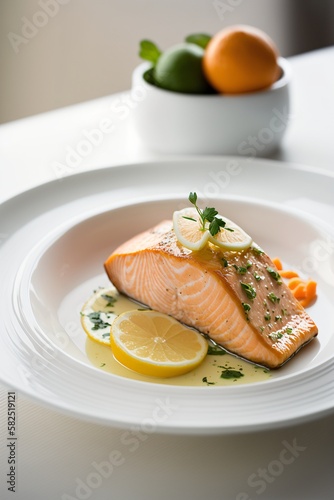 saumon et légumes avec une rondelle de citron, dressé dans une belle assiette, illustration culinaire, ia générative 10 photo