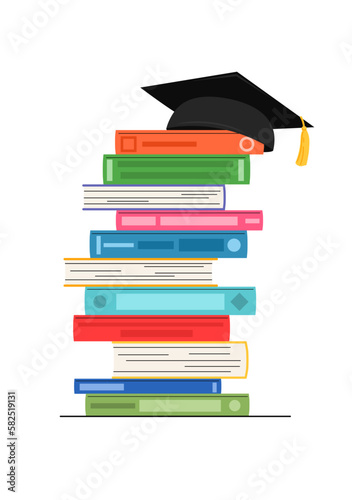 Stack of colorful books with academic cap. Education vector illustration.