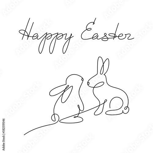 Easter bunny greeting card. Hand drawn line continuous rabbits. Vector lettering, text, writing, phrase, quote, slogan. Graphic design,  print, banner,  poster, postcard.
