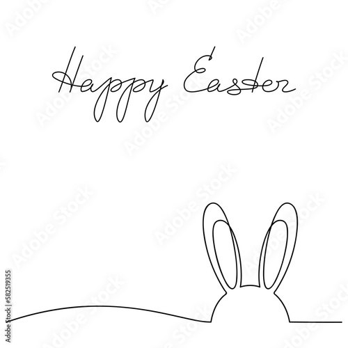 Fun Easter rabbit ears greeting card. Hand drawn line continuous bunny. Vector lettering, text, writing, phrase, quote, slogan. Graphic design,  print, banner,  poster, postcard.