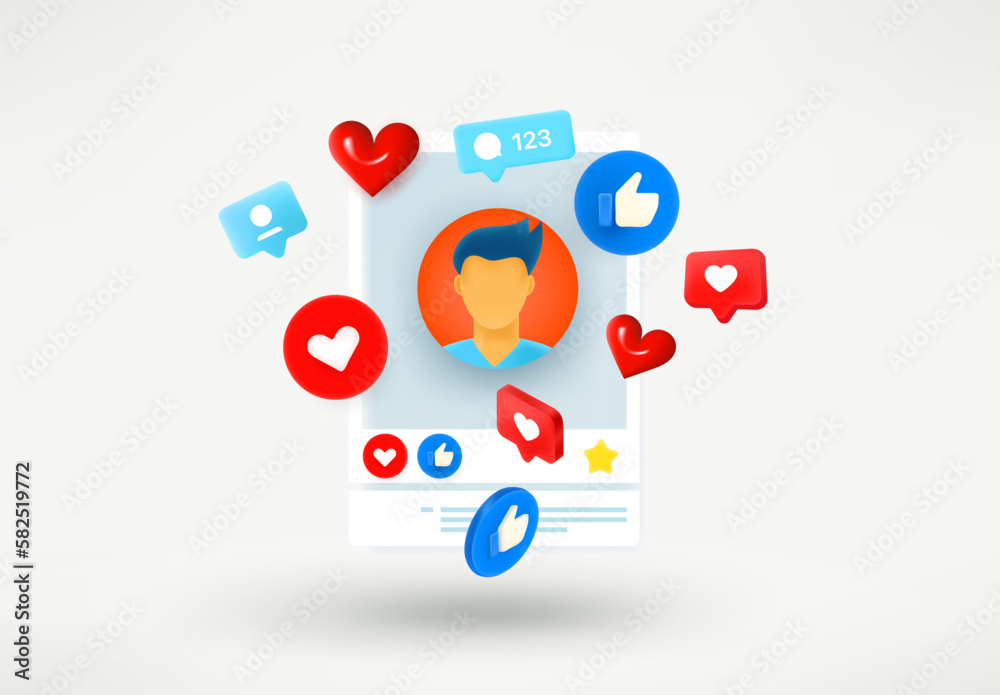 Social media reactions in web or mobile application concept. 3d vector illustration Social media reactions in web or mobile application concept. 3d vector illustration