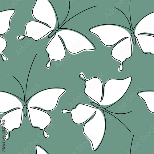 White butterfly seamless pattern vector. Abstract outline backdrop illustration. Green wallpaper, graphic background, fabric, textile, print, wrapping paper or package design.
