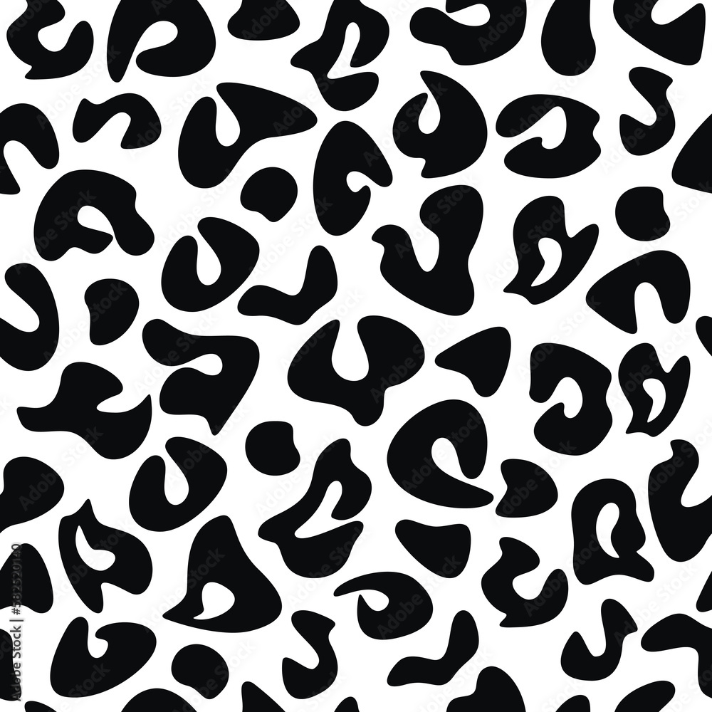 Black monochrome leopard seamless pattern vector. Abstract spots backdrop illustration. Wallpaper, background, fabric, textile, animal skin print, wrapping paper or package design.