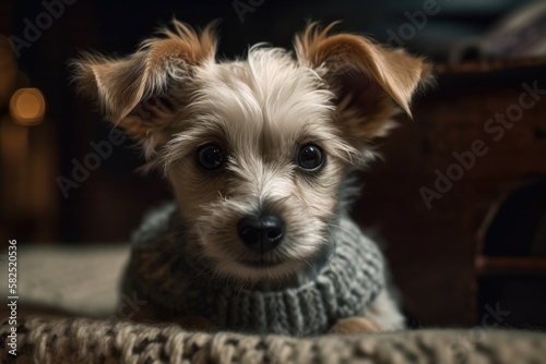 Tiny, dejected puppy resting on knit fabric and staring directly at the camera. Warm, inviting background. Generative AI