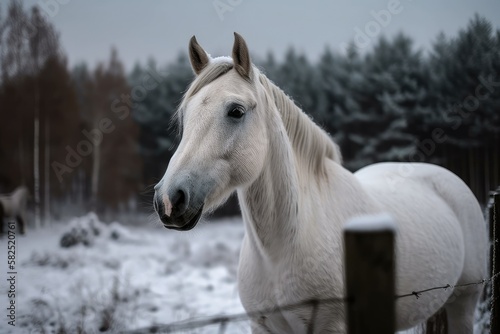 During the chilly and dark winter days, a stunning white horse of the Kladrubsky breed or race would stand by the pasture land's fence and observe. The photo was taken in the Czech Republic at the hor