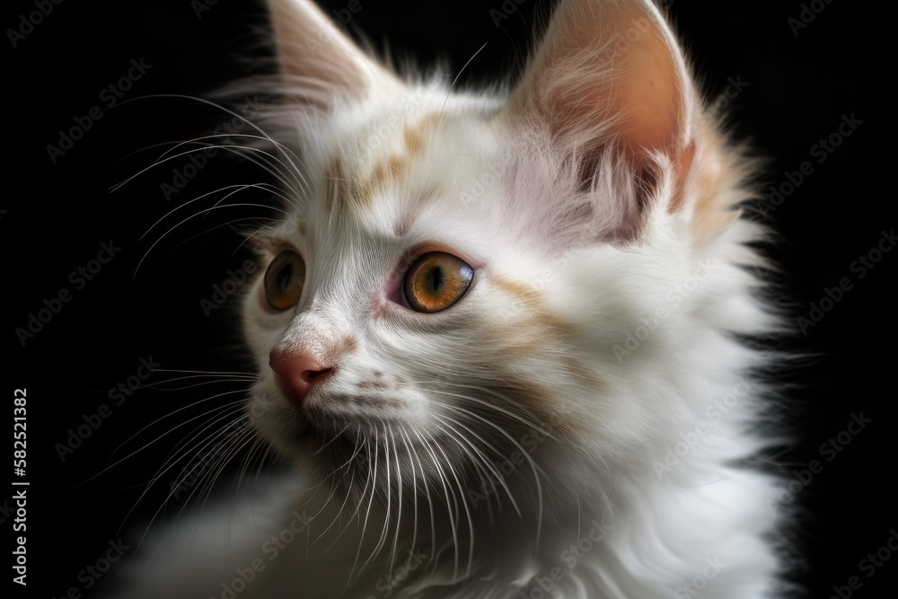 A kitten is depicted. Large muzzle kitten. yellow cat with blue eyes. White and red fur is present. A black background. White, fluffy paws. Closed cat muzzle. adorable kitten with lovely fur