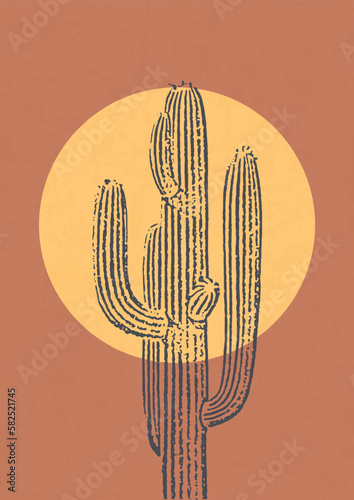 Minimalistic brown Illustration with cactus and sun. Modern style wall decor, monochrome art.